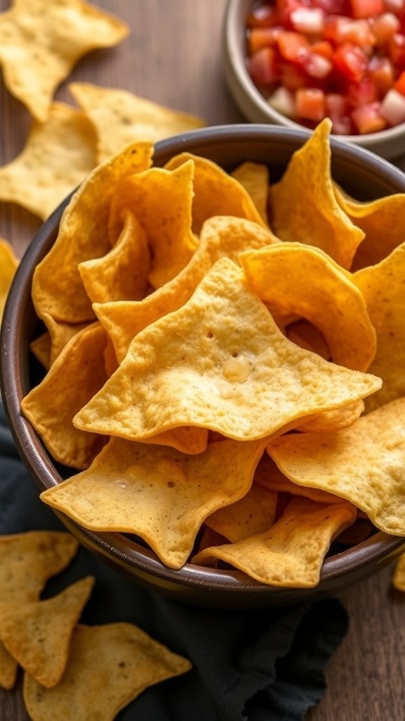 A bowl of crispy tortilla chips served with salsa on a rustic wooden table.